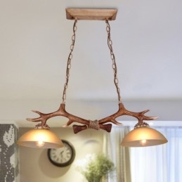 2 jasnobrązowe rustykalne artystyczne retro antyczne lampy wiszące z poroża z kloszem szklanym