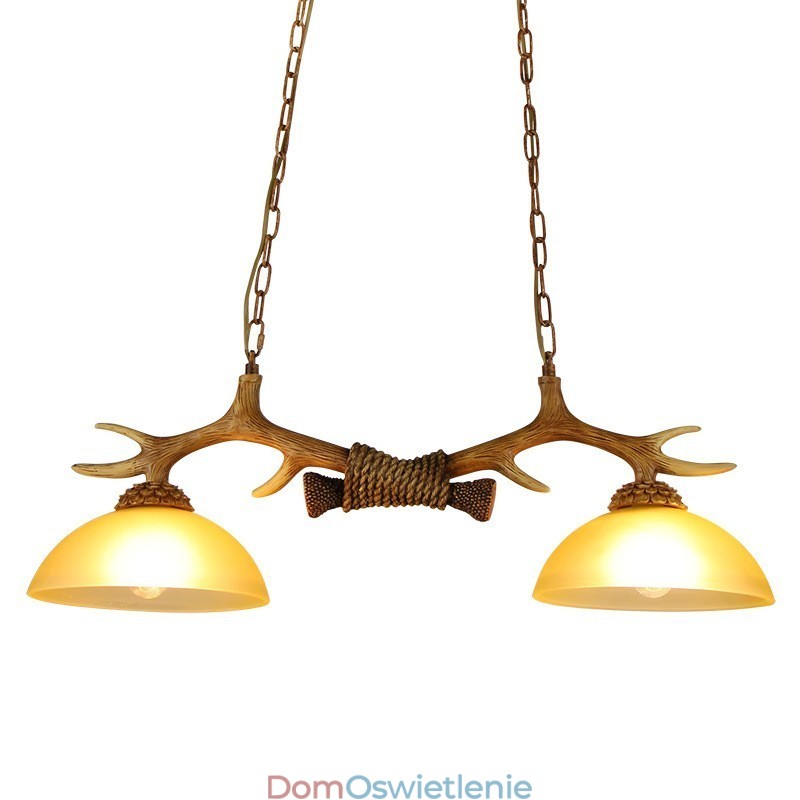 2 jasnobrązowe rustykalne artystyczne retro antyczne lampy wiszące z poroża z kloszem szklanym