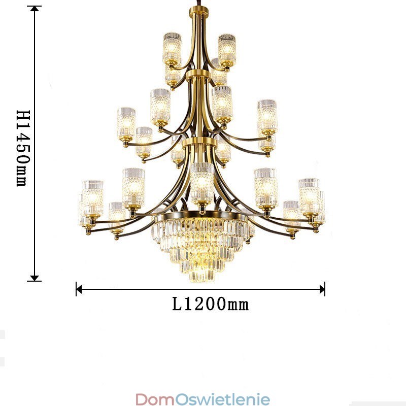 Duży luksusowy miedziany kryształowy żyrandol na 12+8+4 lamp