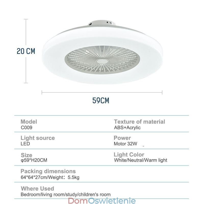 Wentylator sufitowy z oświetleniem trójchromatycznym, ściemnianiem, 3 prędkości, pilot zdalnego sterowania