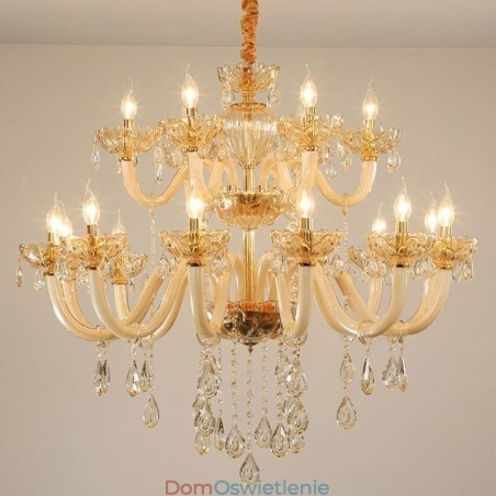 Elegancki kryształowy żyrandol w kolorze koniaku europejskiego, sufitowa lampa szklana, podwójna warstwa, 12+6 świateł Elegancki kryształowy żyrandol w kolorze koniaku europejskiego, sufitowa lampa szklana, podwójna warstwa, 12+6 świateł