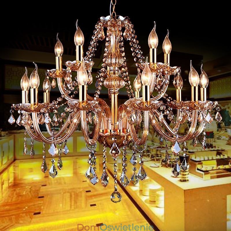 Europejski kryształowy żyrandol Elegancka duża lampa wisząca Bursztyn