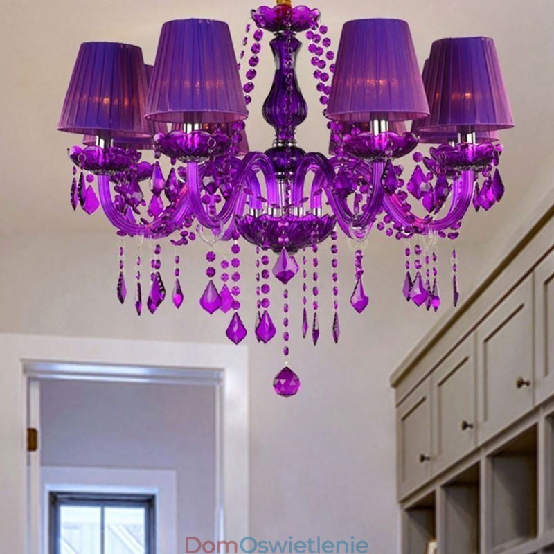 Elegancki kryształowy żyrandol w stylu europejskim, fioletowa lampa wisząca