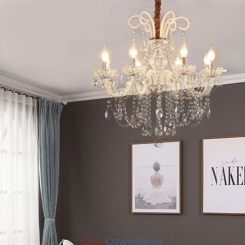 Elegancki kryształowy żyrandol w kolorze europejskim, wisząca lampa w kolorze białym