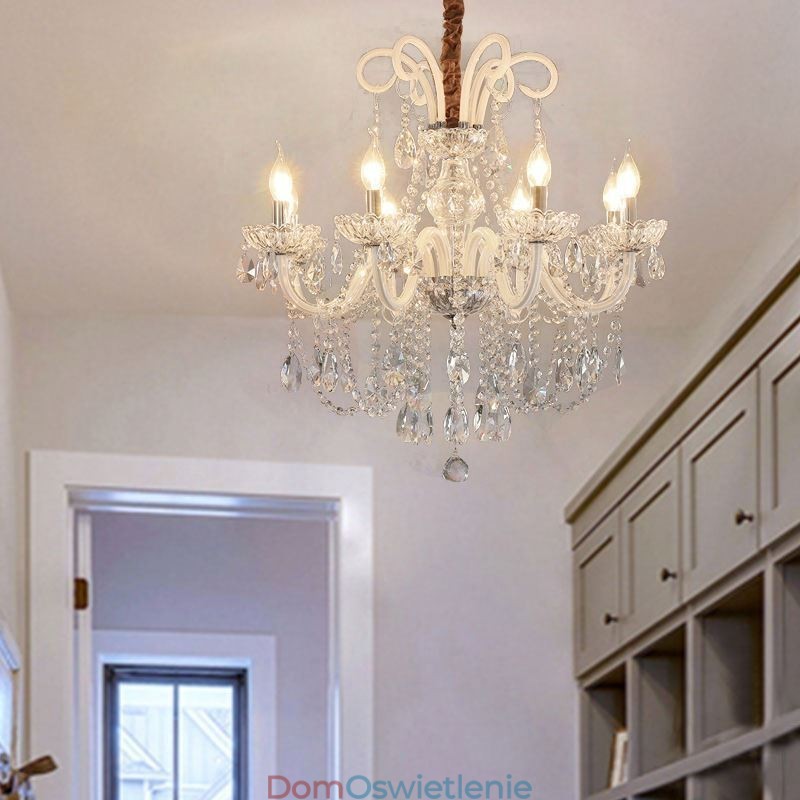 Elegancki kryształowy żyrandol w kolorze europejskim, wisząca lampa w kolorze białym