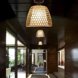 Bambusowa półpłaska lampa sufitowa okrągła, kreatywna, oświetlenie przedsionka
