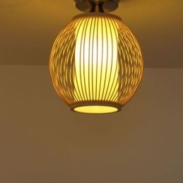 Unikalna, półpłaska, okrągła, bambusowa lampa sufitowa, oświetlenie ganku
