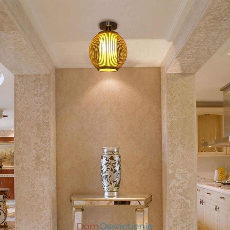 Unikalna, półpłaska, okrągła, bambusowa lampa sufitowa, oświetlenie ganku