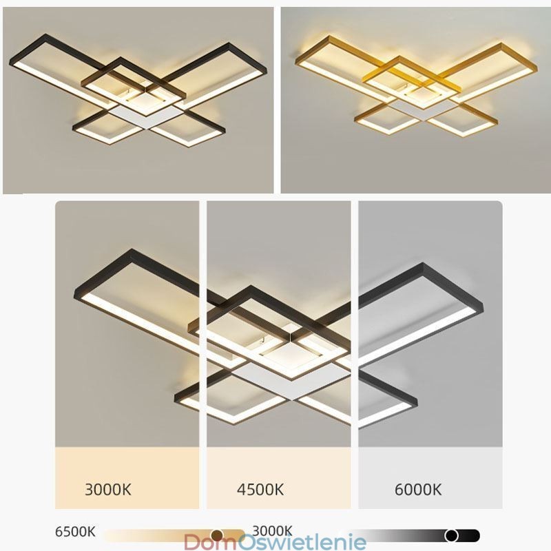 Minimalistyczna lampa sufitowa z pięcioma kwadratowymi kloszami, bezstopniowa, ściemnialna, z pilotem, 92 W