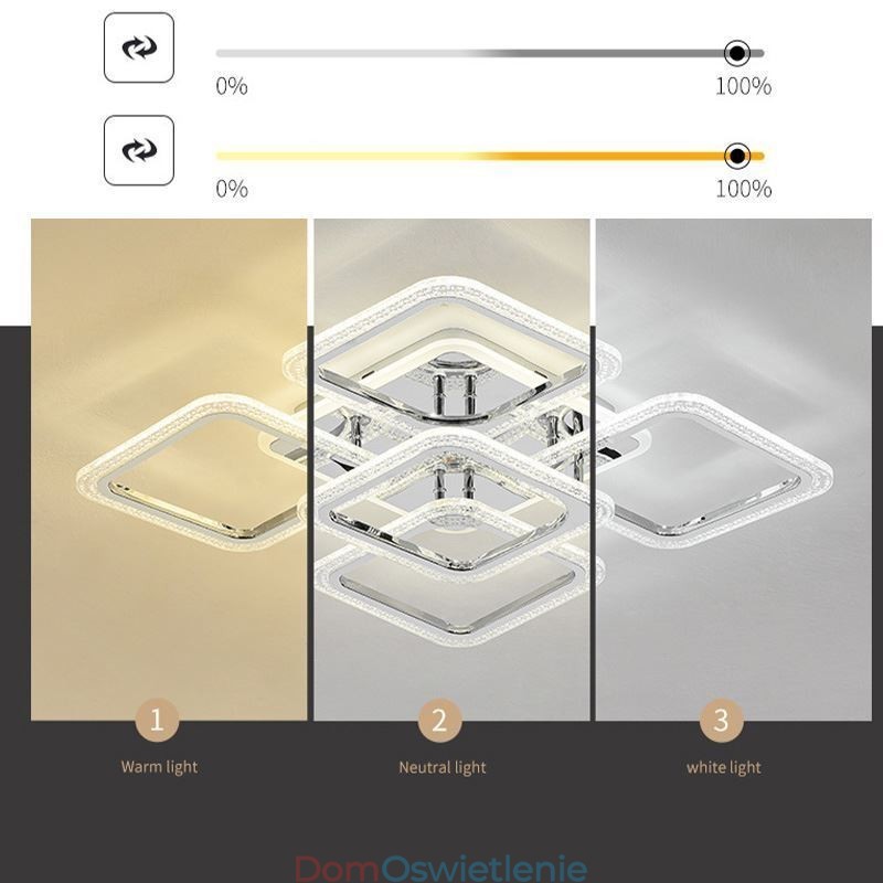 Lampa sufitowa kwadratowa, chromowana, akrylowa, 5 świateł