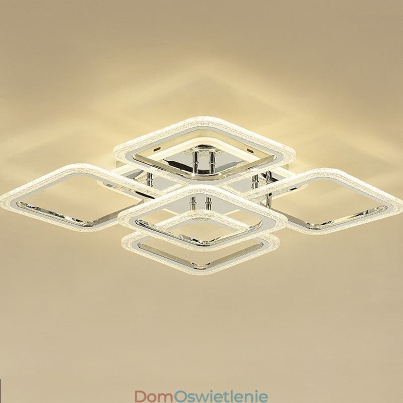Lampa sufitowa kwadratowa, chromowana, akrylowa, 5 świateł