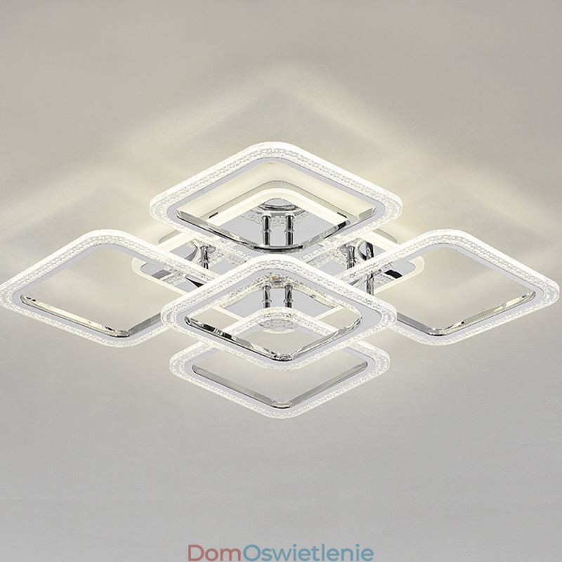 Lampa sufitowa kwadratowa, chromowana, akrylowa, 5 świateł