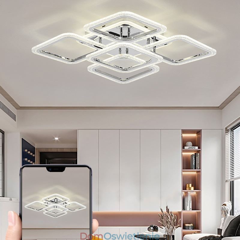 Lampa sufitowa kwadratowa, chromowana, akrylowa, 5 świateł