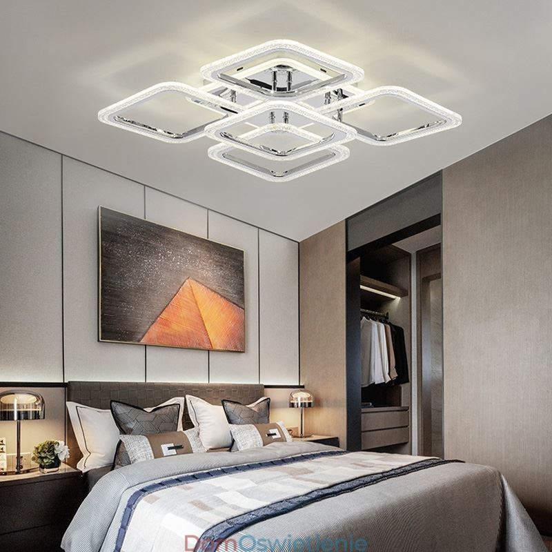 Lampa sufitowa kwadratowa, chromowana, akrylowa, 5 świateł