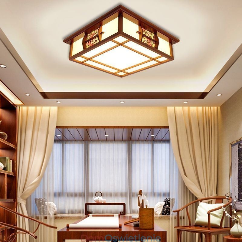 Retro drewniana lampa sufitowa kwadratowa montowana na płasko