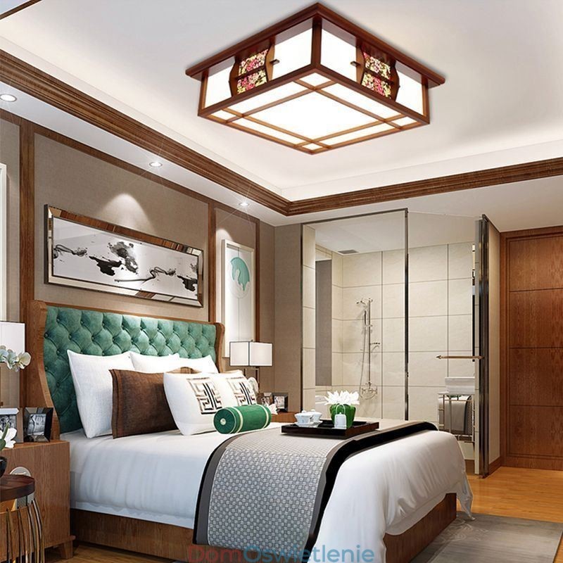 Retro drewniana lampa sufitowa kwadratowa montowana na płasko