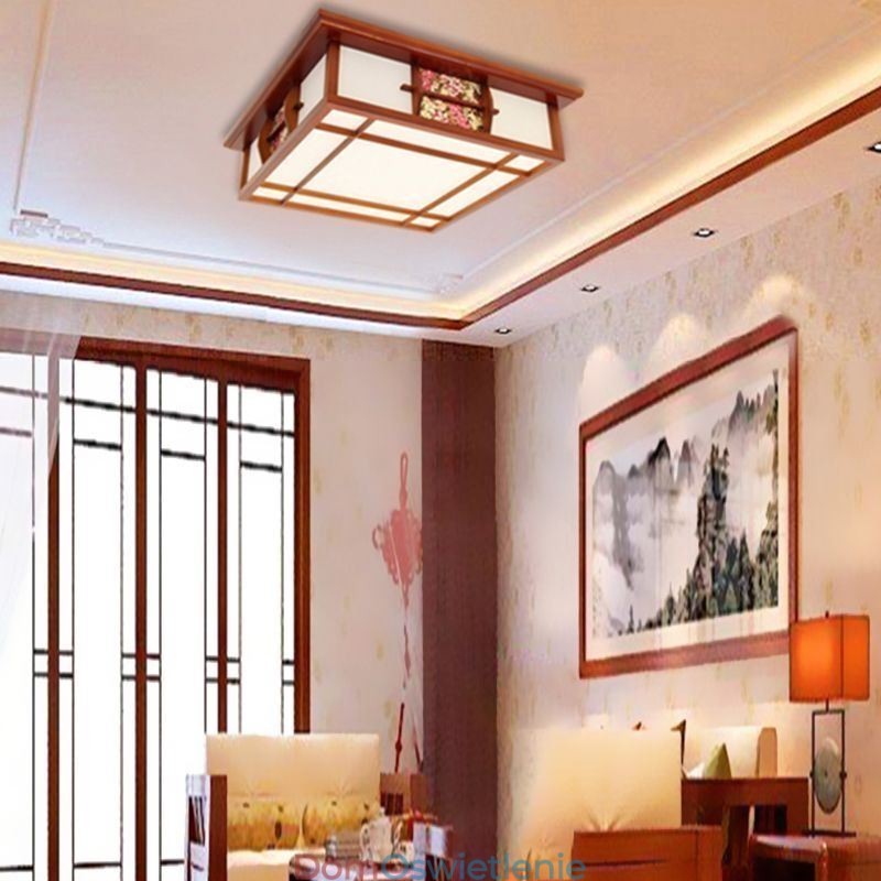 Retro drewniana lampa sufitowa kwadratowa montowana na płasko