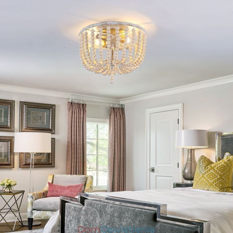 Drewniane lampy sufitowe Farmhouse z koralikami, montaż na płasko, 3 oprawy