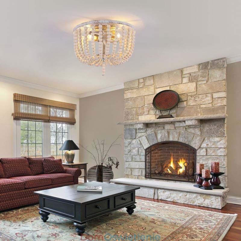 Drewniane lampy sufitowe Farmhouse z koralikami, montaż na płasko, 3 oprawy