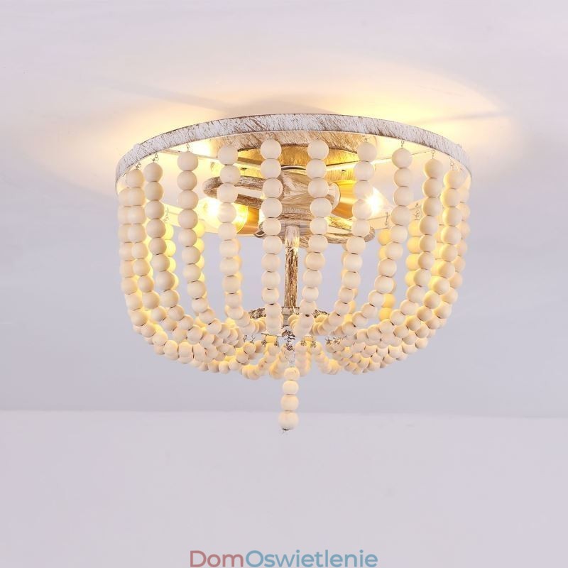 Drewniane lampy sufitowe Farmhouse z koralikami, montaż na płasko, 3 oprawy
