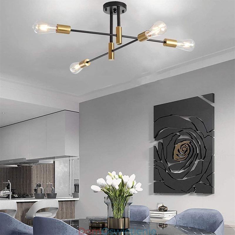 4 światła czarny żyrandol Sputnik Mid Century półpłaski sufitowy