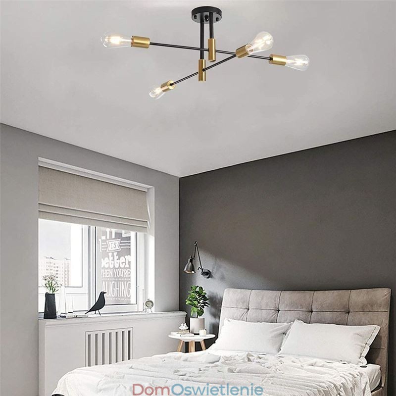 4 światła czarny żyrandol Sputnik Mid Century półpłaski sufitowy