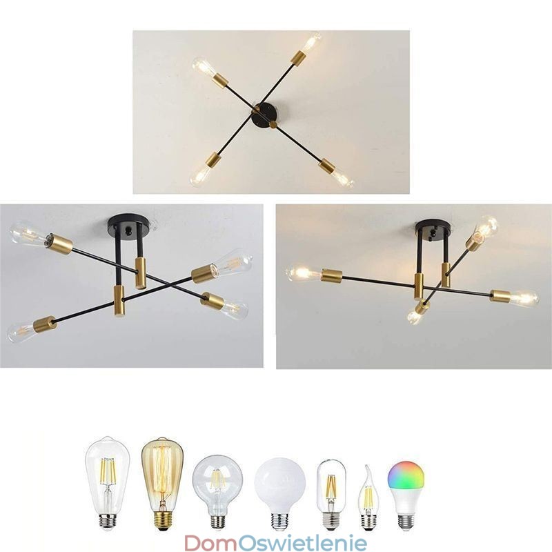 4 światła czarny żyrandol Sputnik Mid Century półpłaski sufitowy