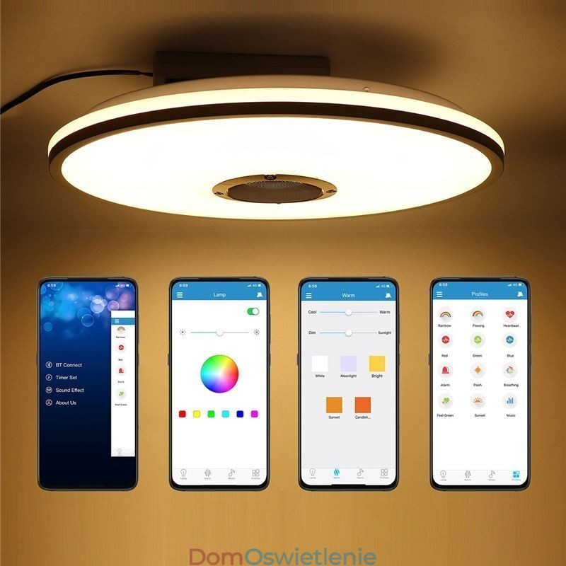 Kolorowa lampa sufitowa do montażu na płasko z funkcją zegara Bluetooth do odtwarzania muzyki