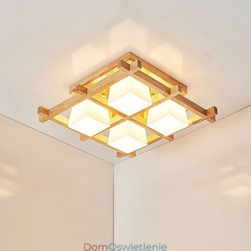 Nordic Square Grid Flush Mount Sufitowa lampa z drewna kauczukowego