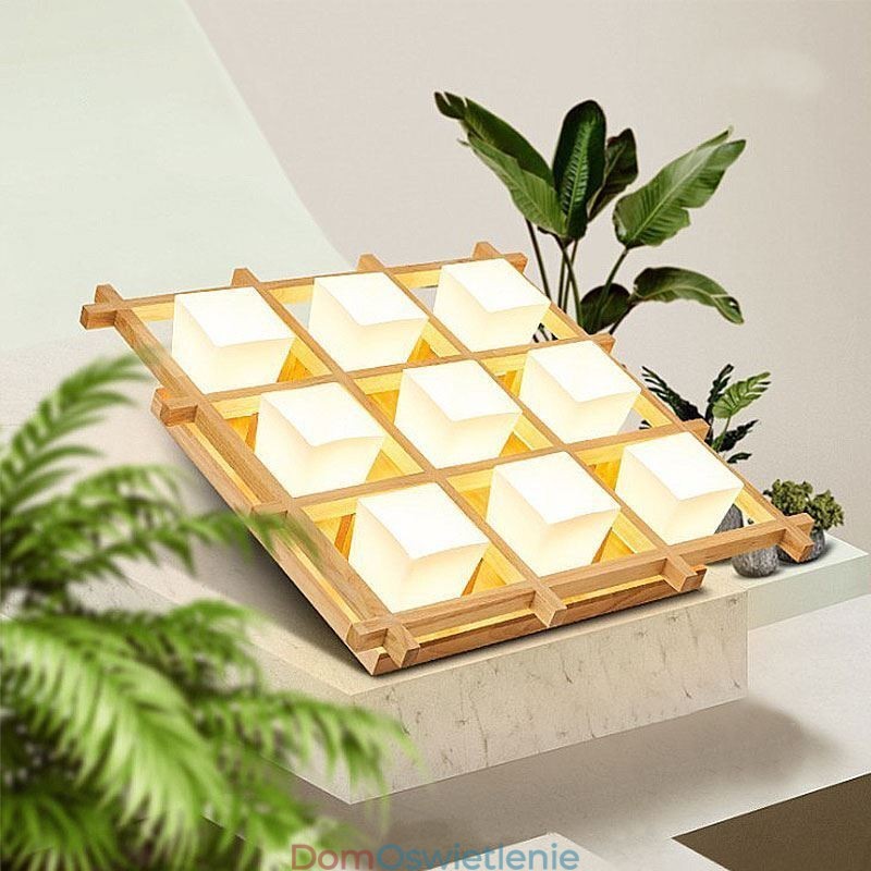 Nordic Square Grid Flush Mount Sufitowa lampa z drewna kauczukowego