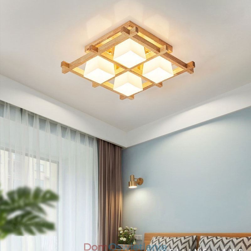 Nordic Square Grid Flush Mount Sufitowa lampa z drewna kauczukowego