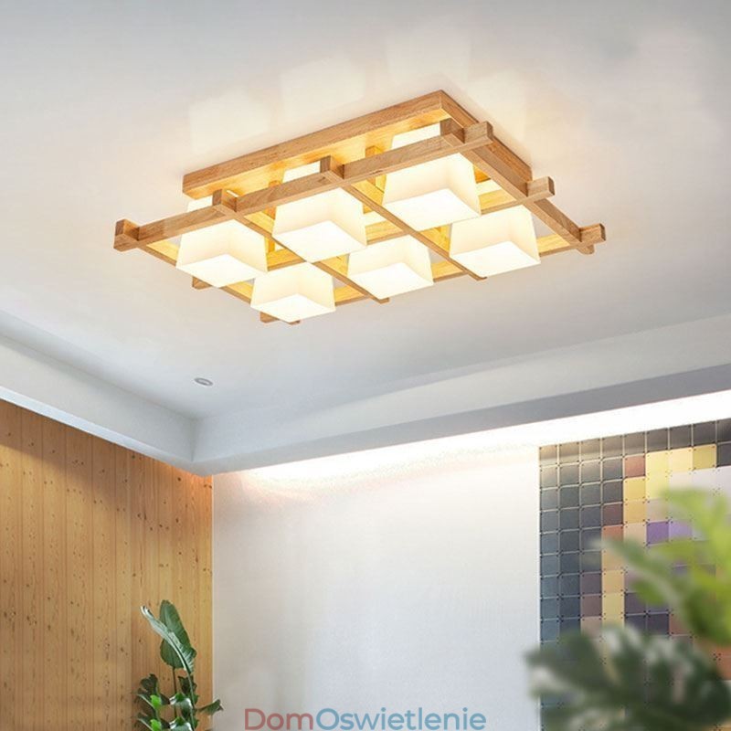Nordic Square Grid Flush Mount Sufitowa lampa z drewna kauczukowego