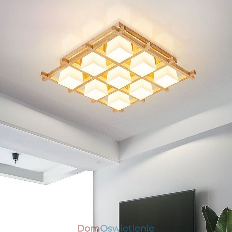 Nordic Square Grid Flush Mount Sufitowa lampa z drewna kauczukowego