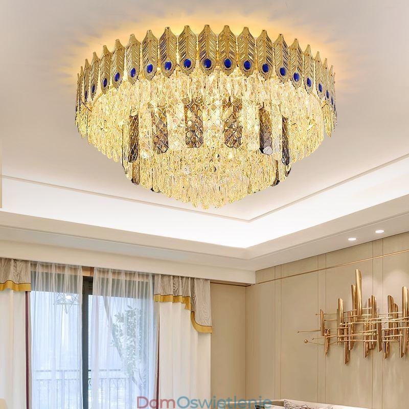 Kryształowa lampa sufitowa okrągła galwanizowana Phoenix Tail Gold Luxury dekoracyjna