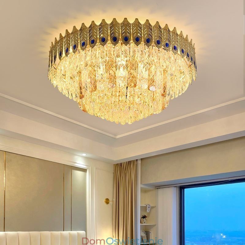 Kryształowa lampa sufitowa okrągła galwanizowana Phoenix Tail Gold Luxury dekoracyjna