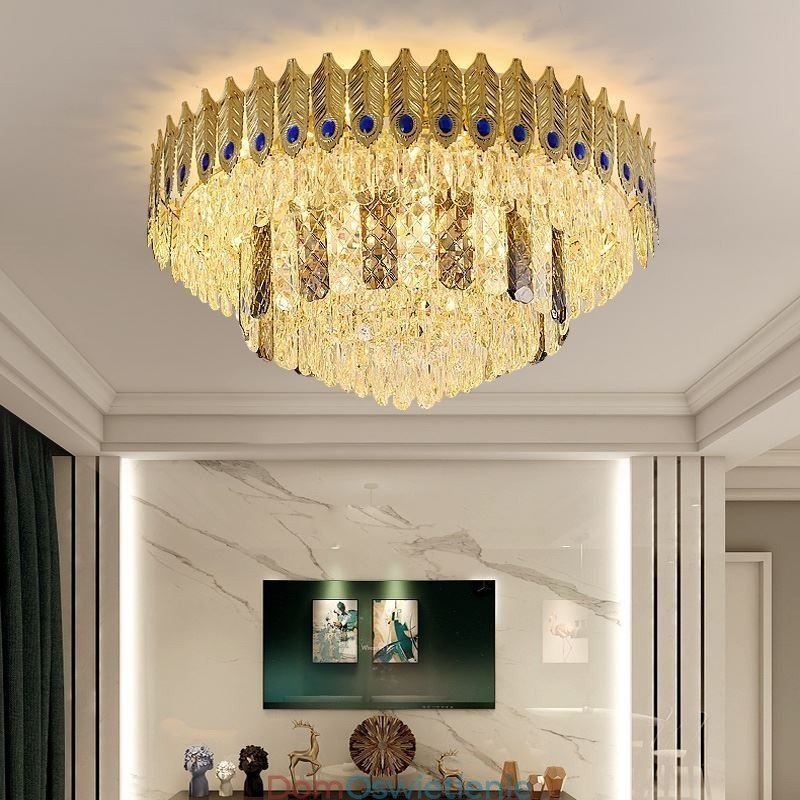 Kryształowa lampa sufitowa okrągła galwanizowana Phoenix Tail Gold Luxury dekoracyjna