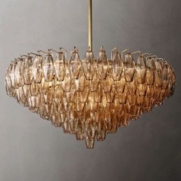 Amerykańska lampa wisząca, lampa sufitowa, szkło, bursztyn, przezroczysta, 90 cm, 14 świateł