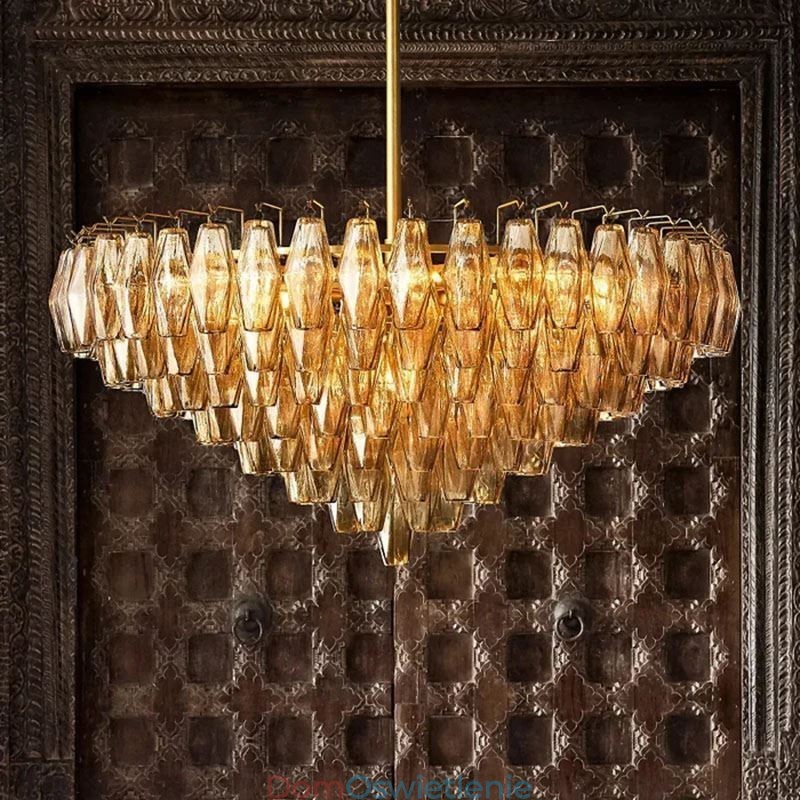 Amerykańska lampa wisząca, lampa sufitowa, szkło, bursztyn, przezroczysta, 90 cm, 14 świateł
