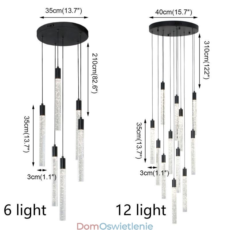 Wisząca lampa wisząca w kolorze czarnym, kryształowa kolumna, lampa sufitowa