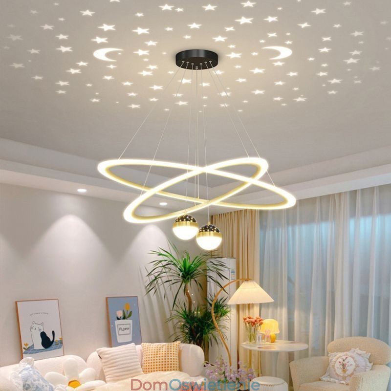 Wisząca lampa z kutego żelaza, akrylowa, gwiaździsta lampa sufitowa w kształcie pierścienia