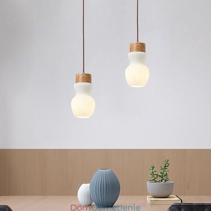 Japońska lampa wisząca z drewna, szklany czajnik, lampa wisząca