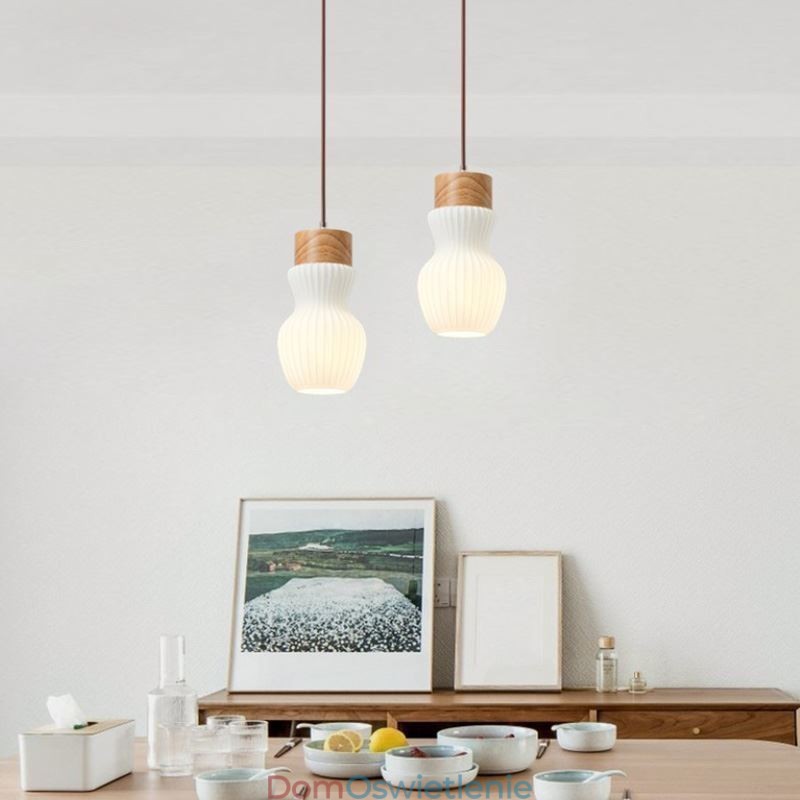 Japońska lampa wisząca z drewna, szklany czajnik, lampa wisząca