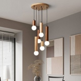 Japońska lampa wisząca z drewna 6 świateł wisząca lampa