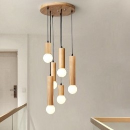Japońska lampa wisząca z drewna 6 świateł wisząca lampa