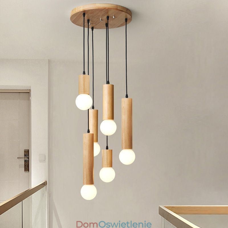 Japońska lampa wisząca z drewna 6 świateł wisząca lampa