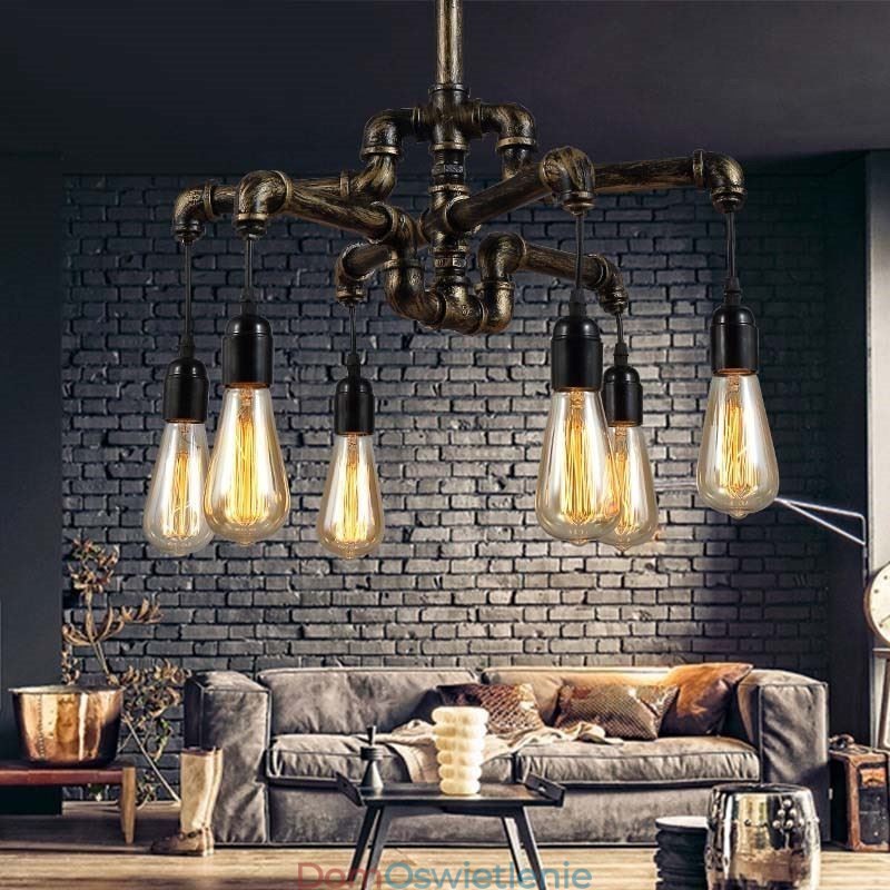 6-punktowy żyrandol w stylu retro industrialnym vintage z rurą wodną w stylu rustykalnym