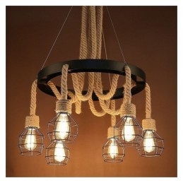Styl retro 6 głów wisząca lampa żyrandol z konopnej liny z kloszem z żelaza