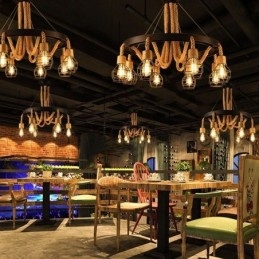 Styl retro 6 głów wisząca lampa żyrandol z konopnej liny z kloszem z żelaza