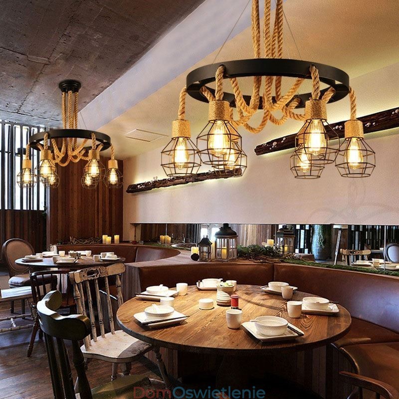 Styl retro 6 głów wisząca lampa żyrandol z konopnej liny z kloszem z żelaza