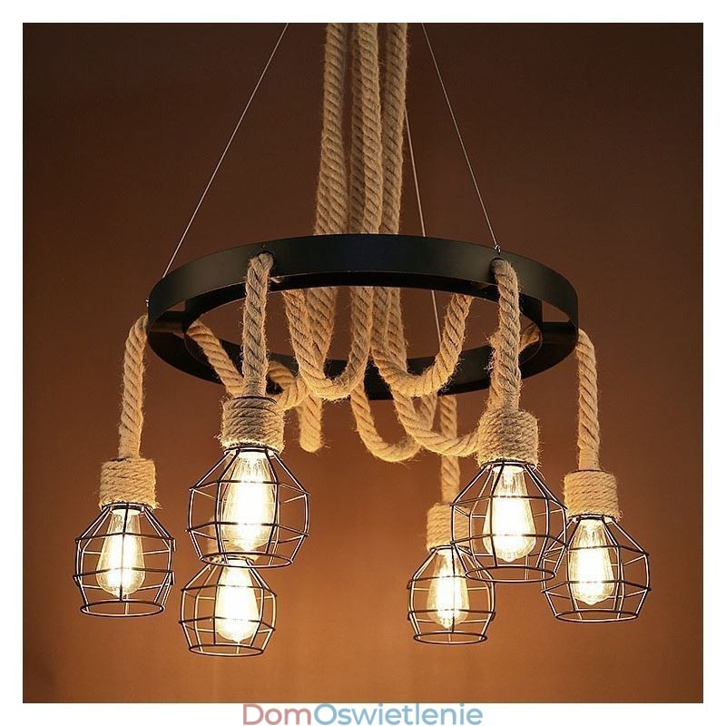 Styl retro 6 głów wisząca lampa żyrandol z konopnej liny z kloszem z żelaza